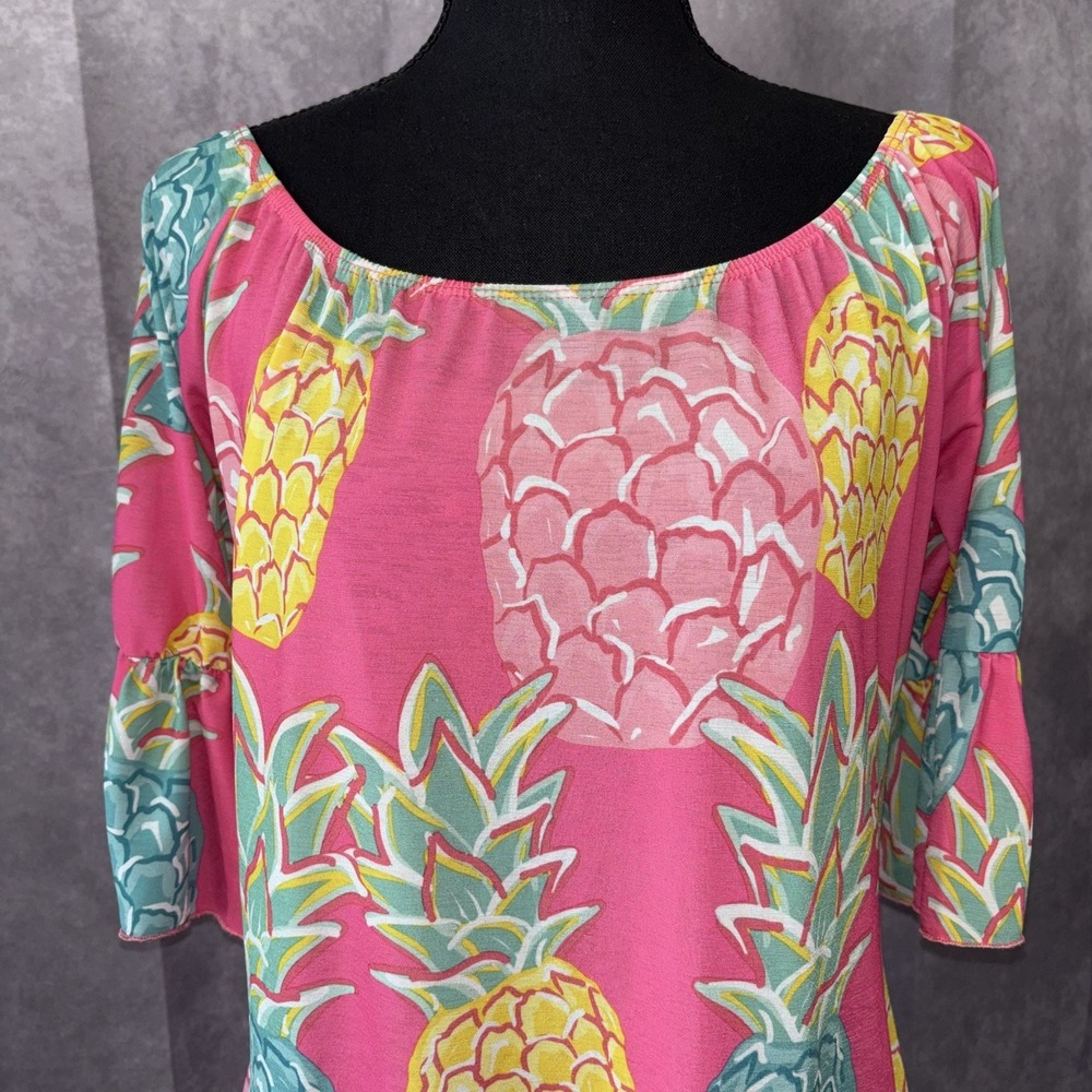 Simply Southern Pink Pineapple Tropical Tassel Hem Dress Bell Sleeve Small - Picture 4 of 8